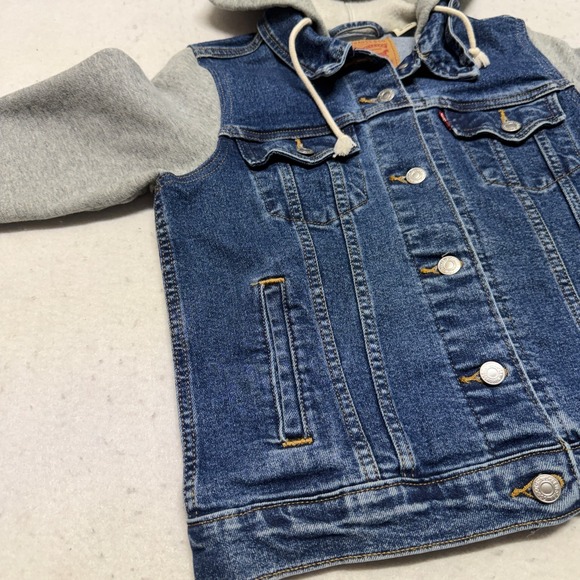 Levi Denim Trucker Jacket Hoodie Gray Sweatshirt Sleeves Women's Small Classic - Picture 7 of 16